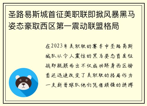 圣路易斯城首征美职联即掀风暴黑马姿态豪取西区第一震动联盟格局 圣路易斯城首征美职联即掀风暴黑马姿态豪取西区第一震动联盟格局